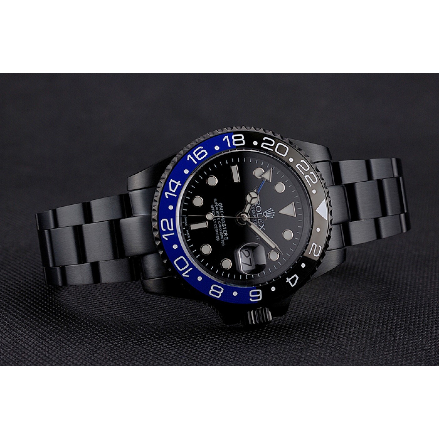 Swiss Rolex GMT Master II Black Dial Blue And Black Bezel Black PVD Case And Bracelet