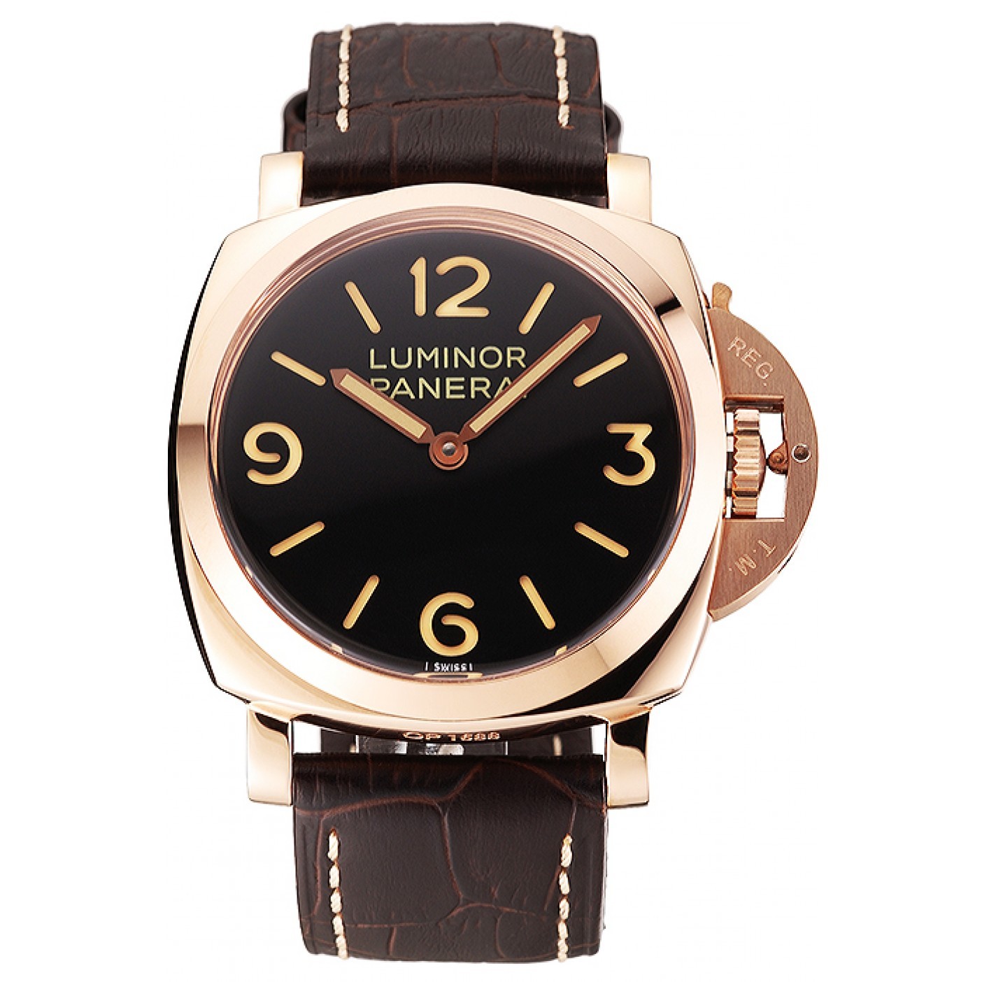 Swiss Panerai Luminor Black Dial Rose Gold Case Brown Leather Strap 1453842