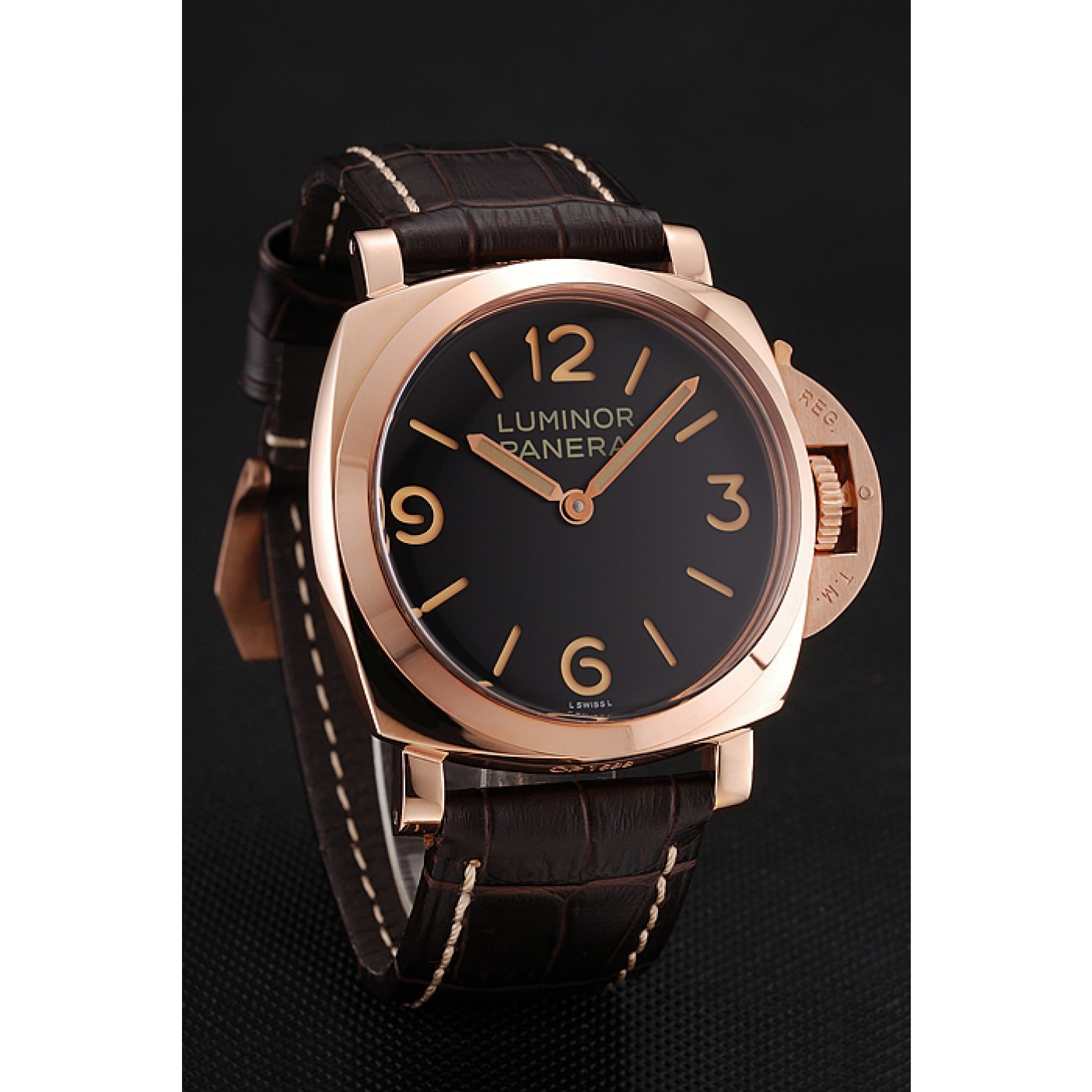 Swiss Panerai Luminor Black Dial Rose Gold Case Brown Leather Strap 1453842