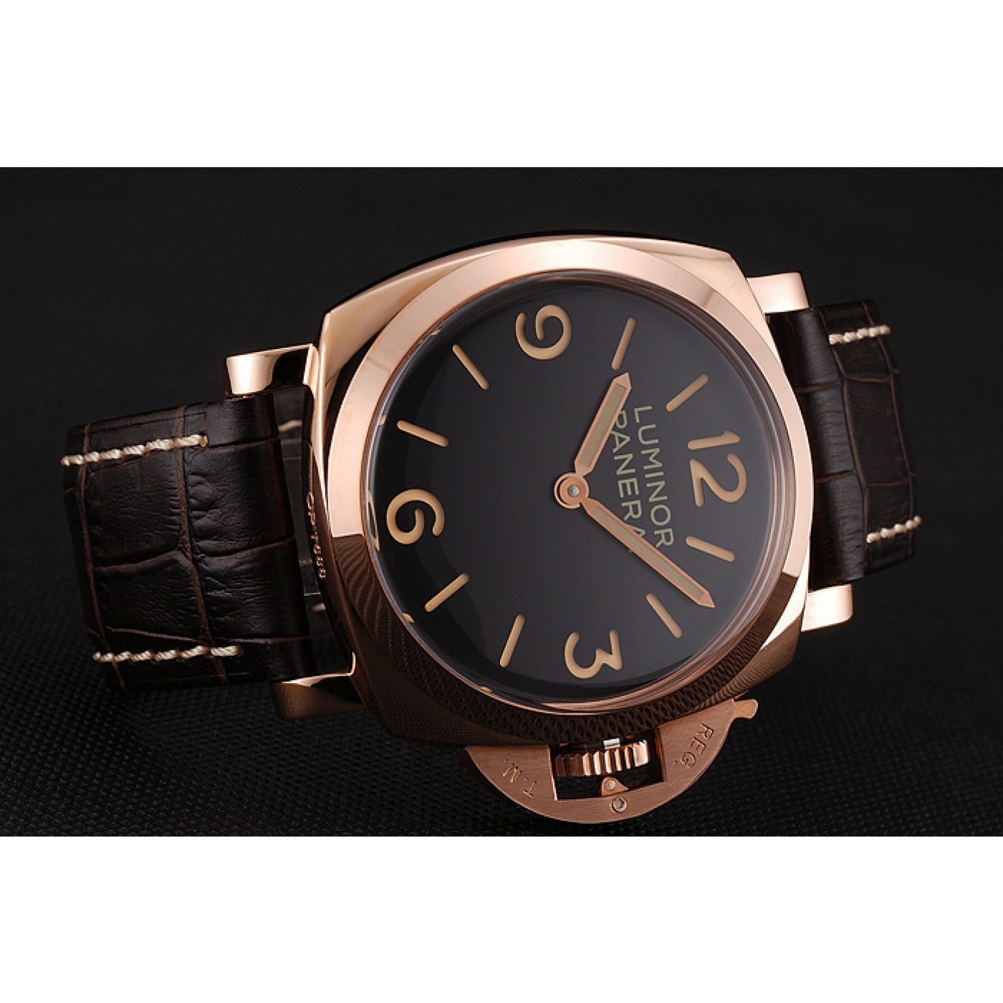 Swiss Panerai Luminor Black Dial Rose Gold Case Brown Leather Strap 1453842