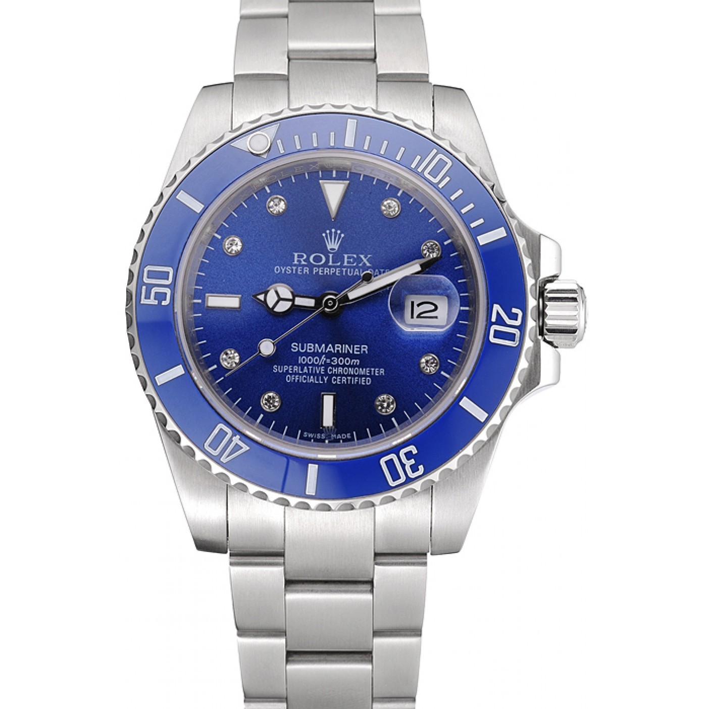 RepTime Watches Rolex Submariner Stainless Steel Case Blue Dial Diamond Markers Stainless Steel Bracelet 622638