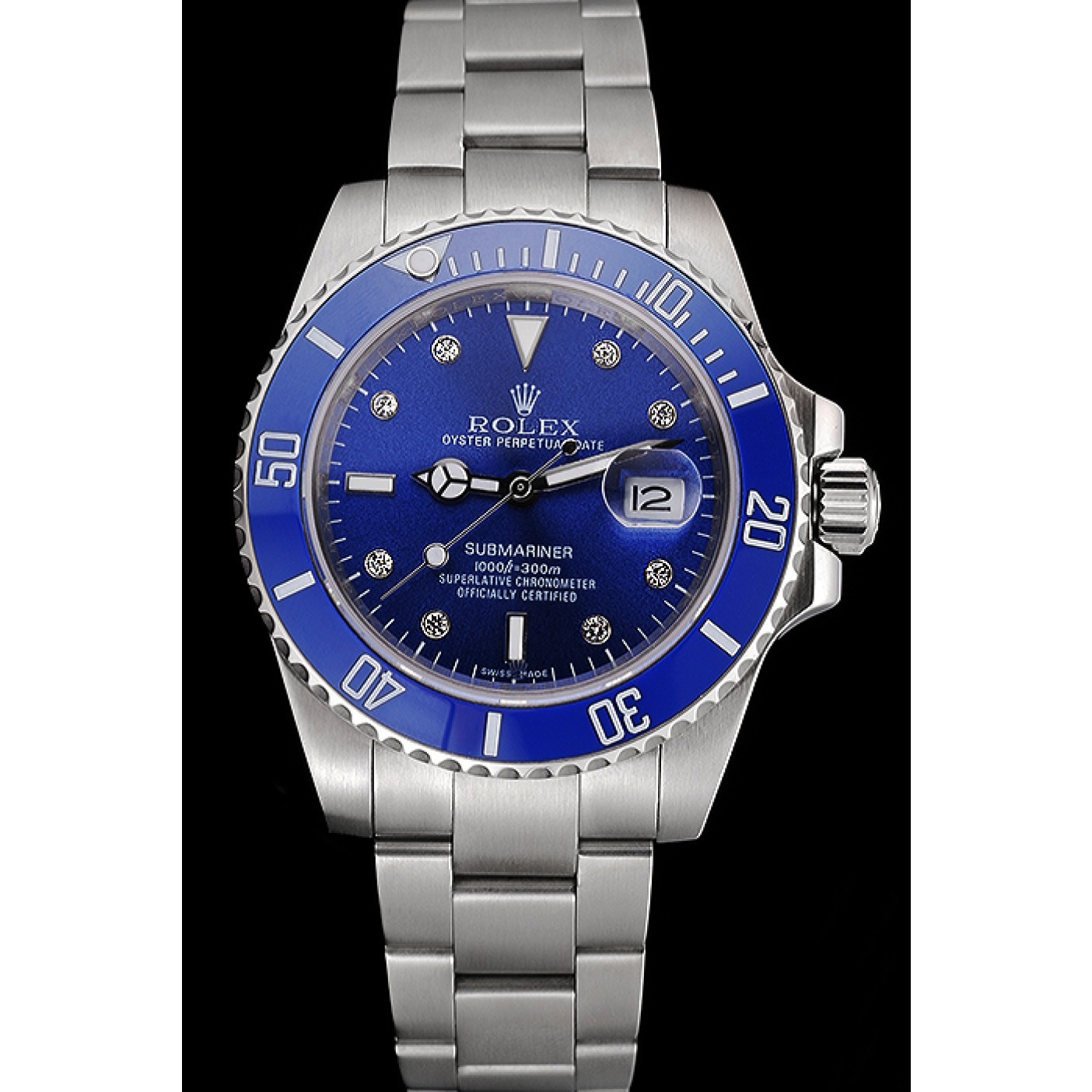 RepTime Watches Rolex Submariner Stainless Steel Case Blue Dial Diamond Markers Stainless Steel Bracelet 622638