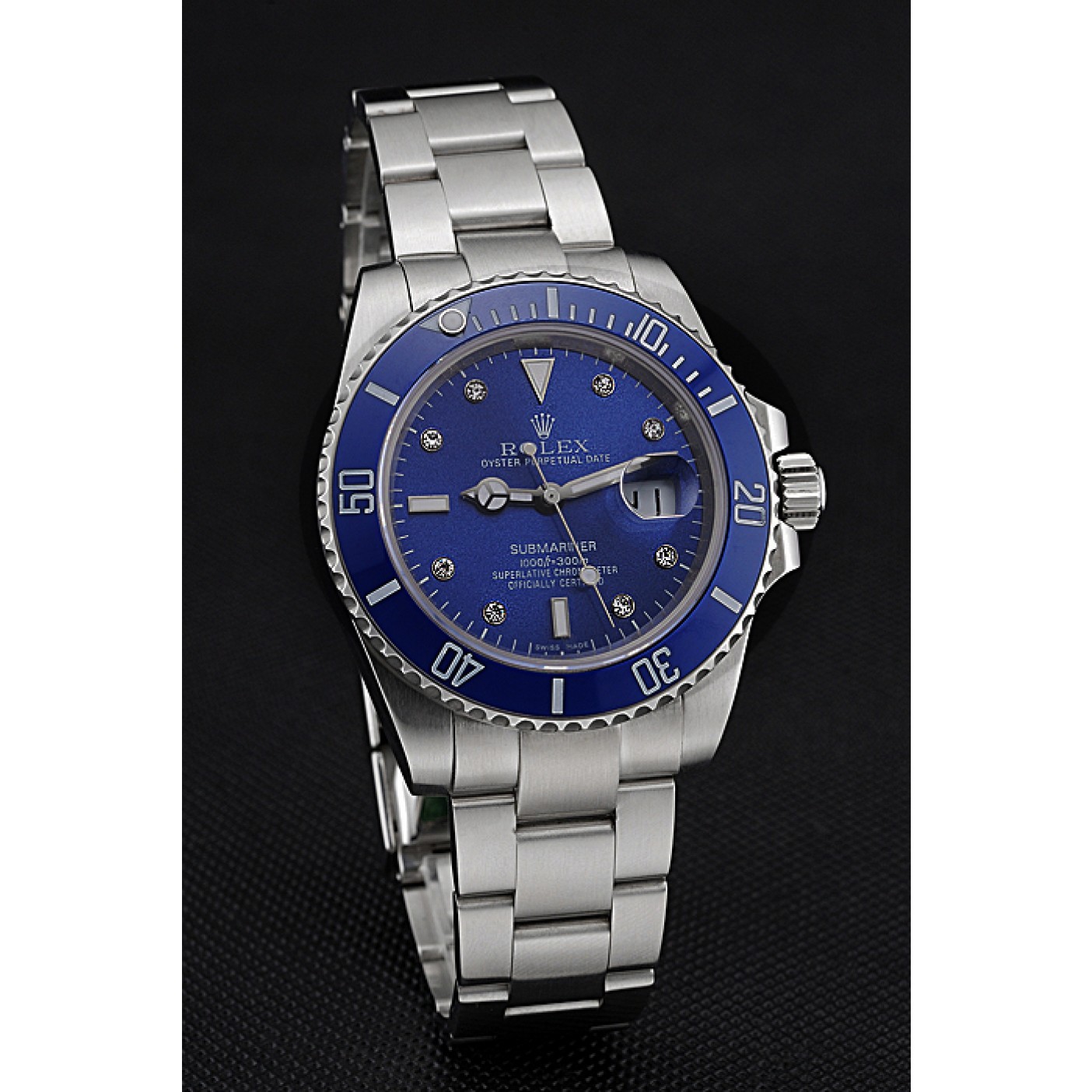 RepTime Watches Rolex Submariner Stainless Steel Case Blue Dial Diamond Markers Stainless Steel Bracelet 622638