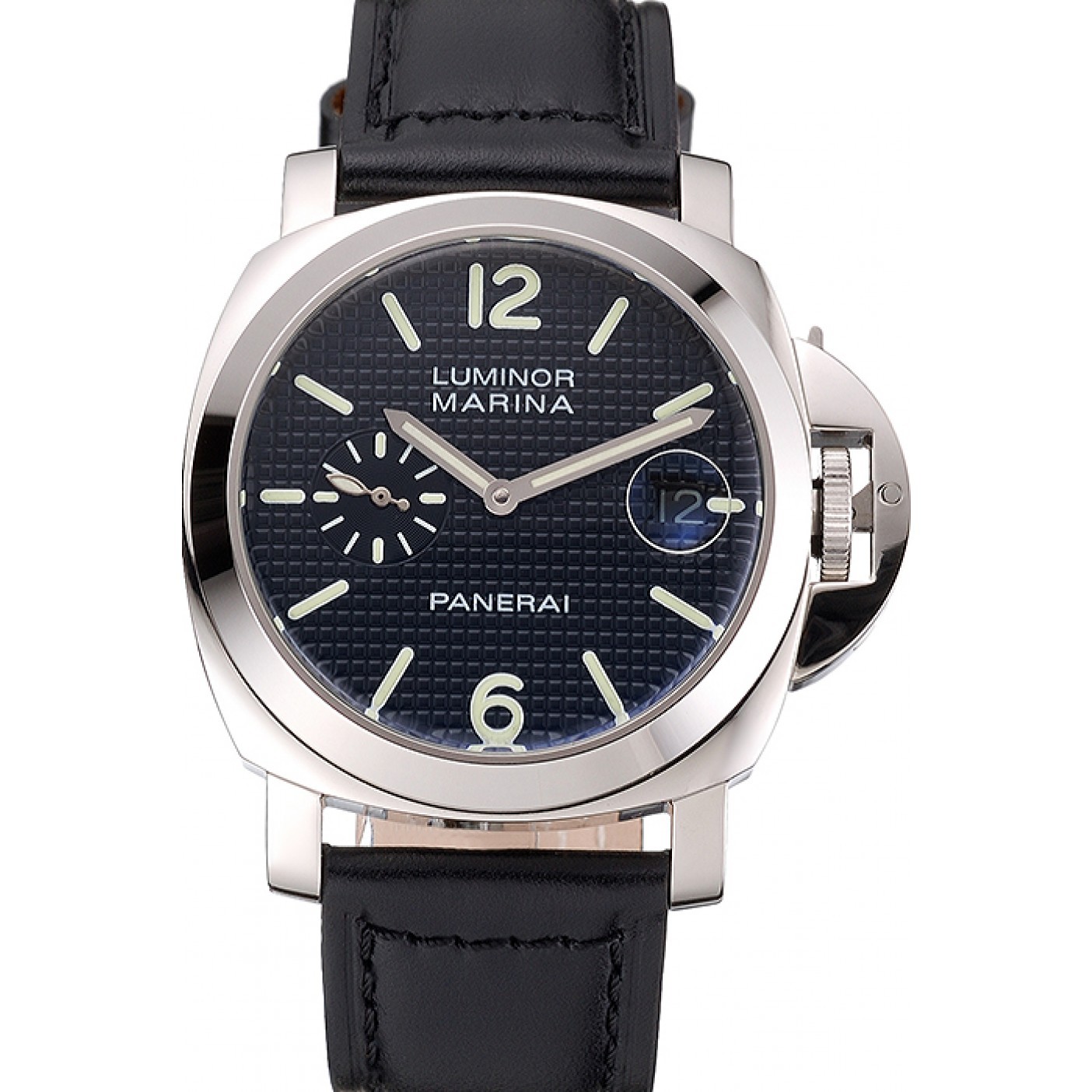 Panerai Luminor Marina Date Black Hobnail Pattern Dial Stainless Steel Case Black Leather Strap