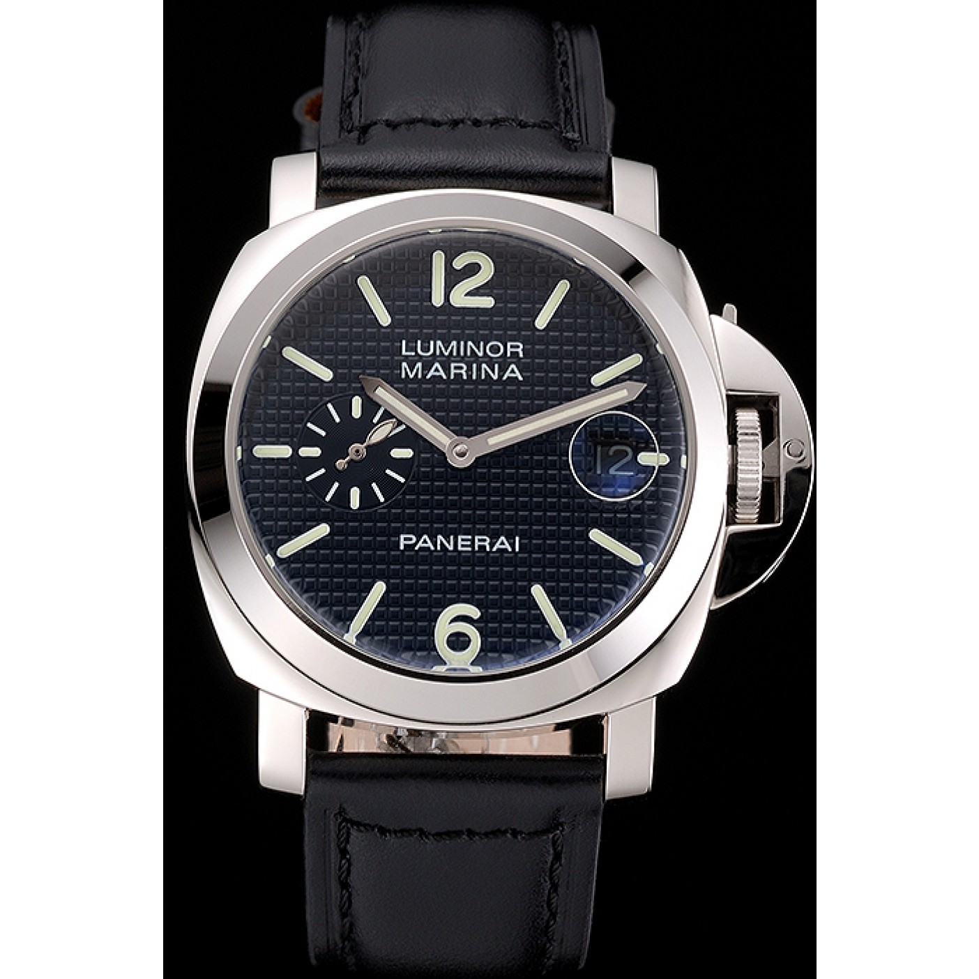 Panerai Luminor Marina Date Black Hobnail Pattern Dial Stainless Steel Case Black Leather Strap