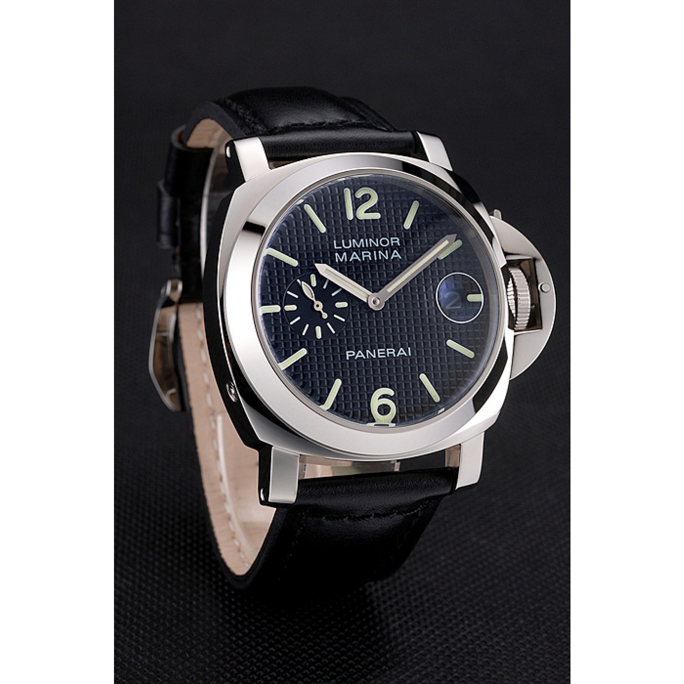 Panerai Luminor Marina Date Black Hobnail Pattern Dial Stainless Steel Case Black Leather Strap