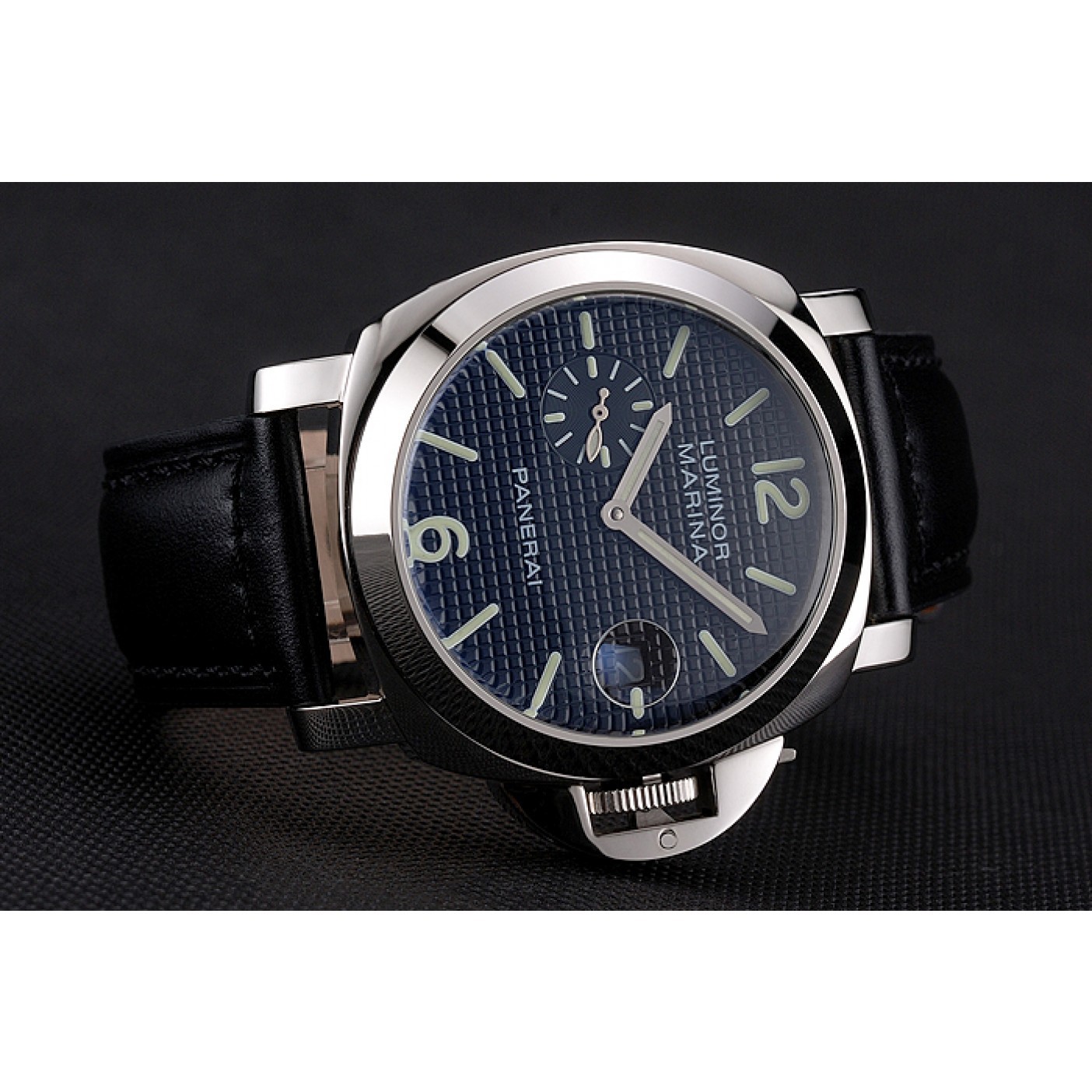 Panerai Luminor Marina Date Black Hobnail Pattern Dial Stainless Steel Case Black Leather Strap