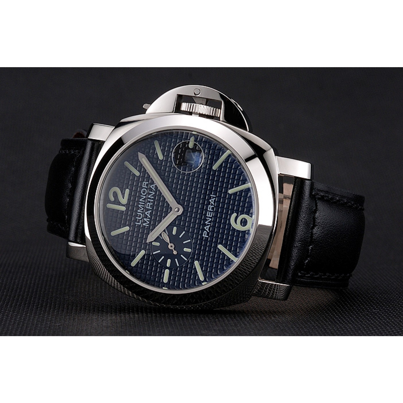 Panerai Luminor Marina Date Black Hobnail Pattern Dial Stainless Steel Case Black Leather Strap