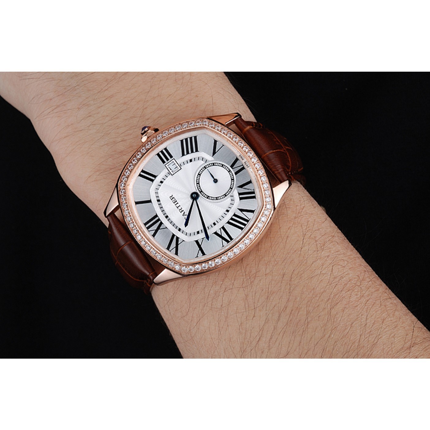 Cartier Drive De Cartier White Dial Silver Diamond Case Brown Leather Bracelet 1454216