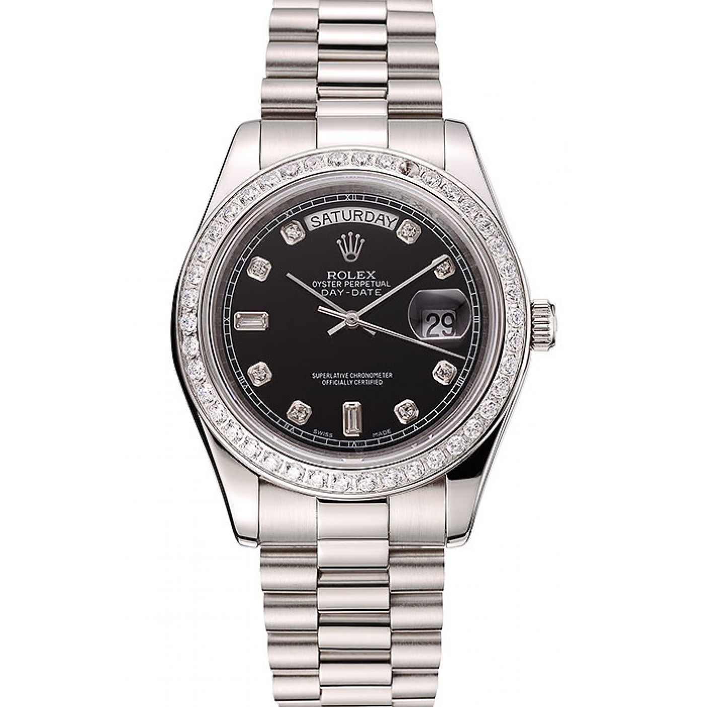 RepTime Watches Swiss Rolex Day-Date Black Dial Diamond Case Diamond Numerals Stainless Steel Bracelet 1453966