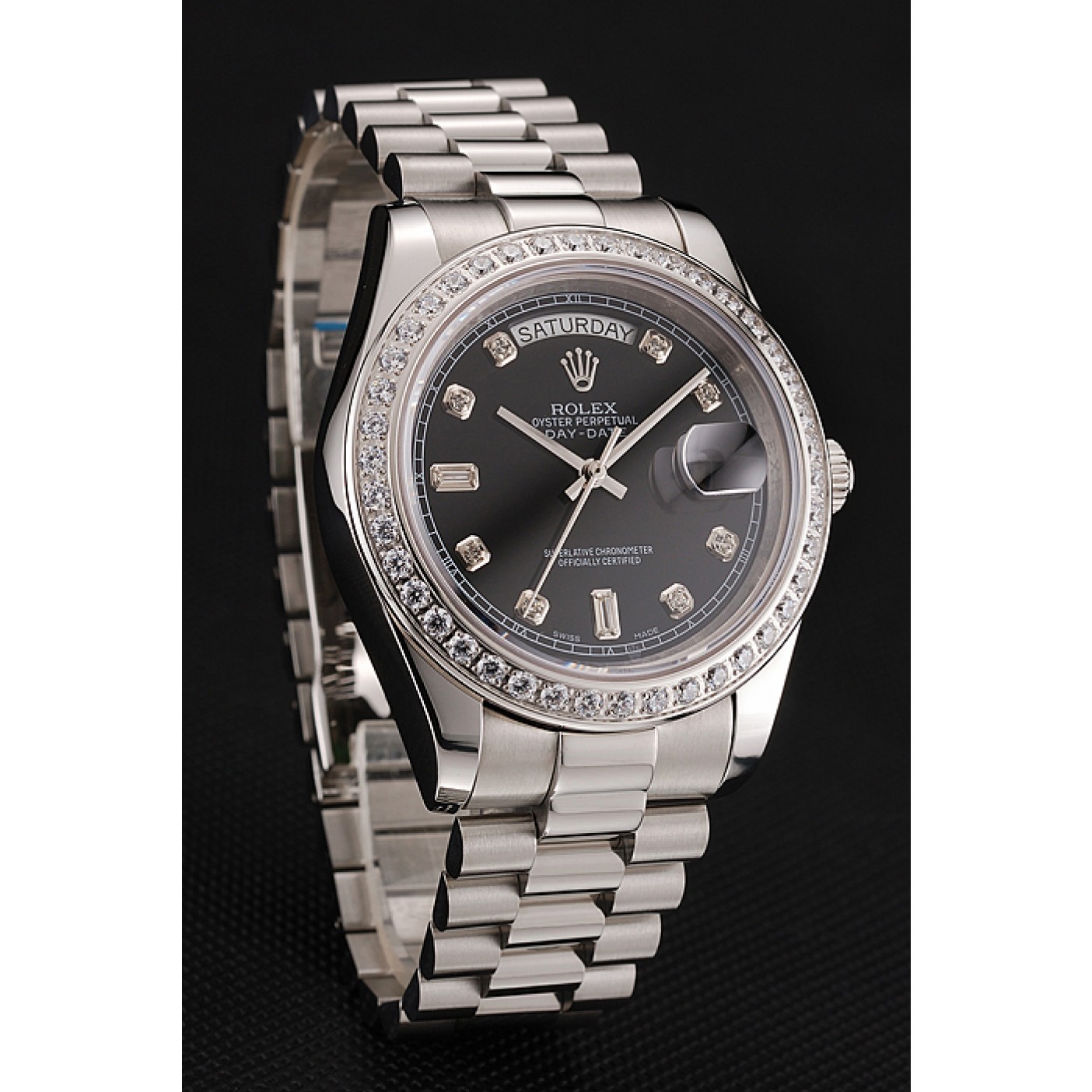 RepTime Watches Swiss Rolex Day-Date Black Dial Diamond Case Diamond Numerals Stainless Steel Bracelet 1453966