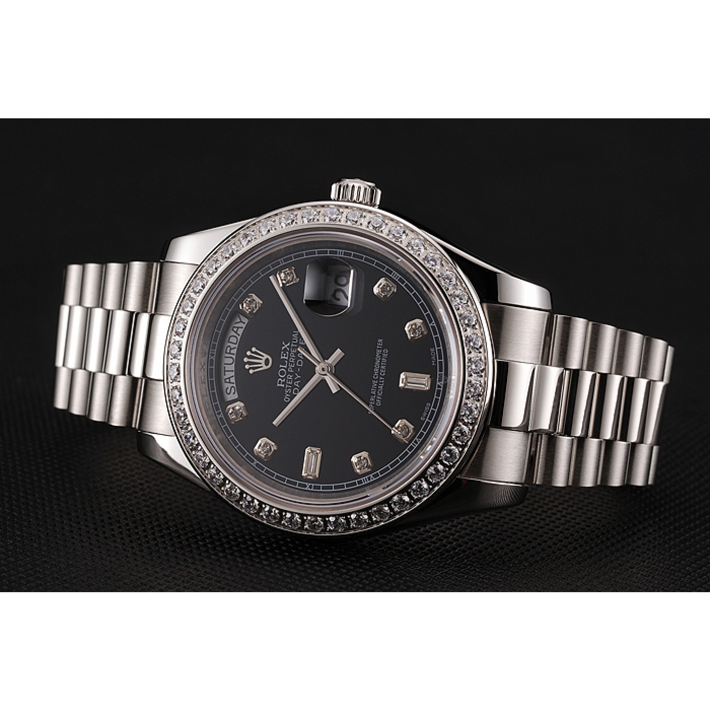 Swiss Rolex Day-Date Black Dial Diamond Case Diamond Numerals Stainless Steel Bracelet 1453966