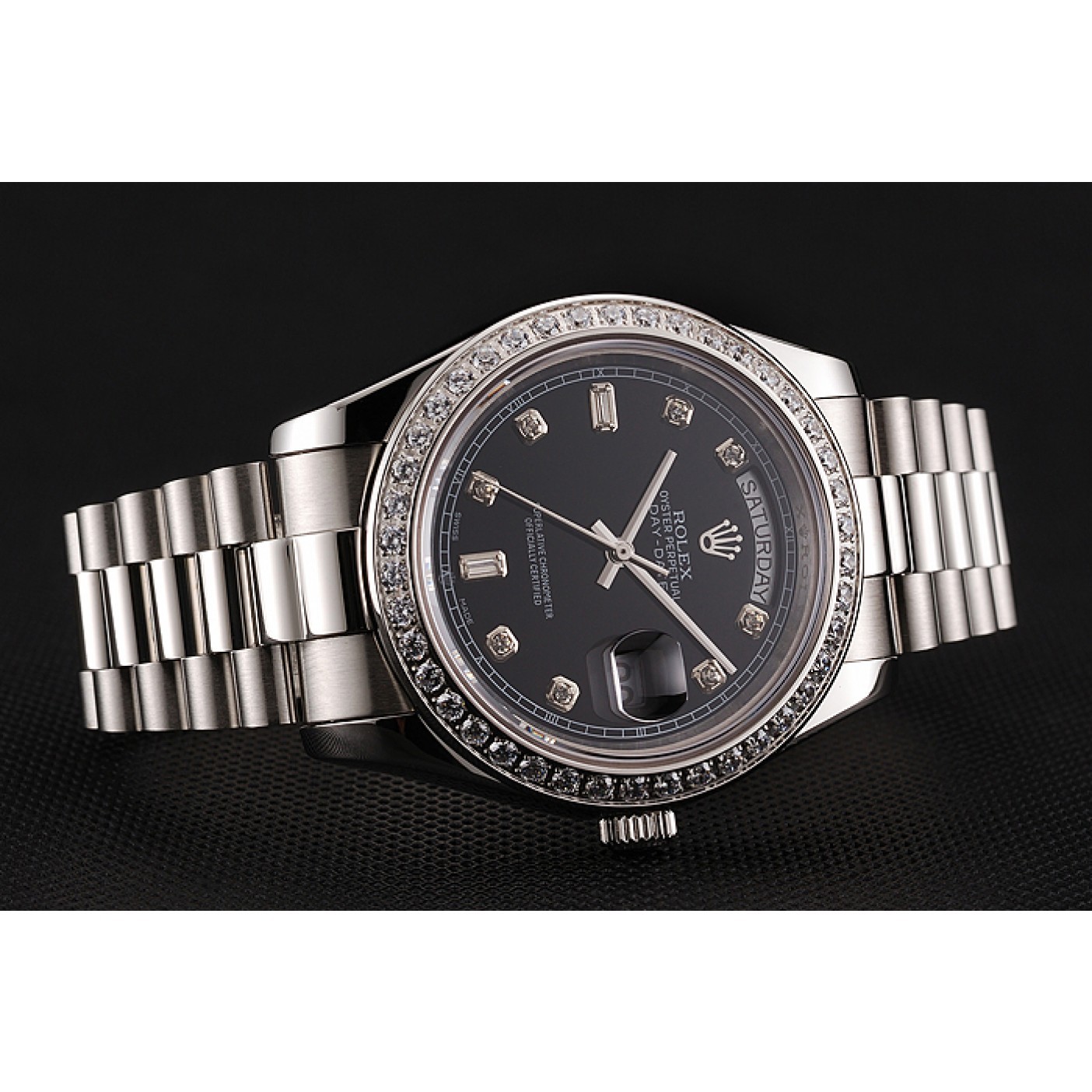 Swiss Rolex Day-Date Black Dial Diamond Case Diamond Numerals Stainless Steel Bracelet 1453966