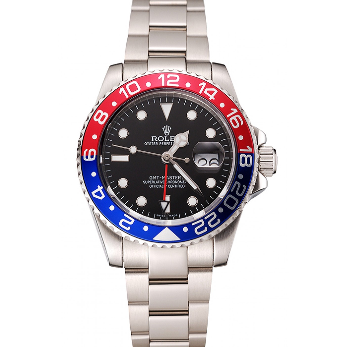 RepTime Watches Swiss Rolex GMT Master II Black Dial Pepsi Bezel Stainless Steel Case And Bracelet 1453751