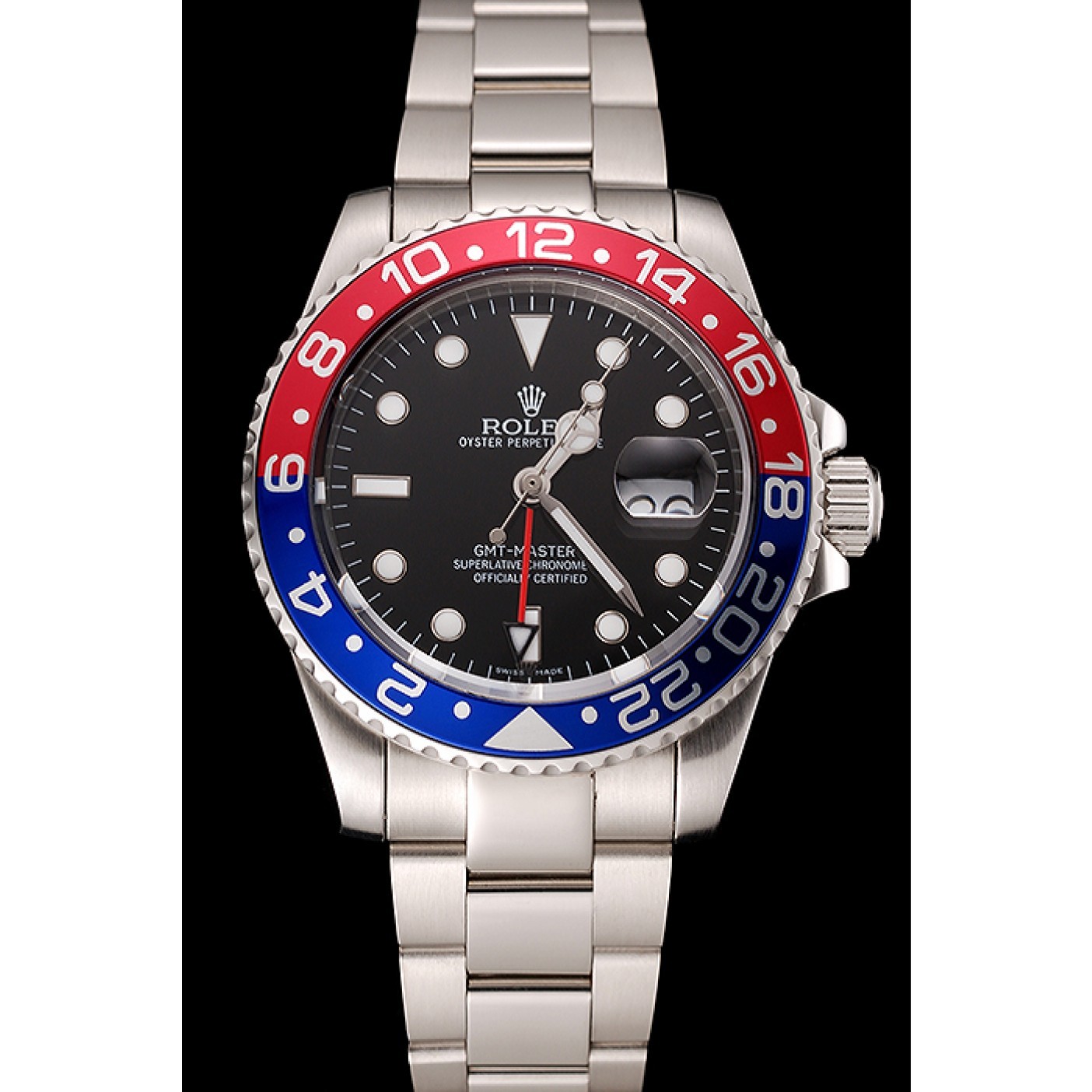 RepTime Watches Swiss Rolex GMT Master II Black Dial Pepsi Bezel Stainless Steel Case And Bracelet 1453751