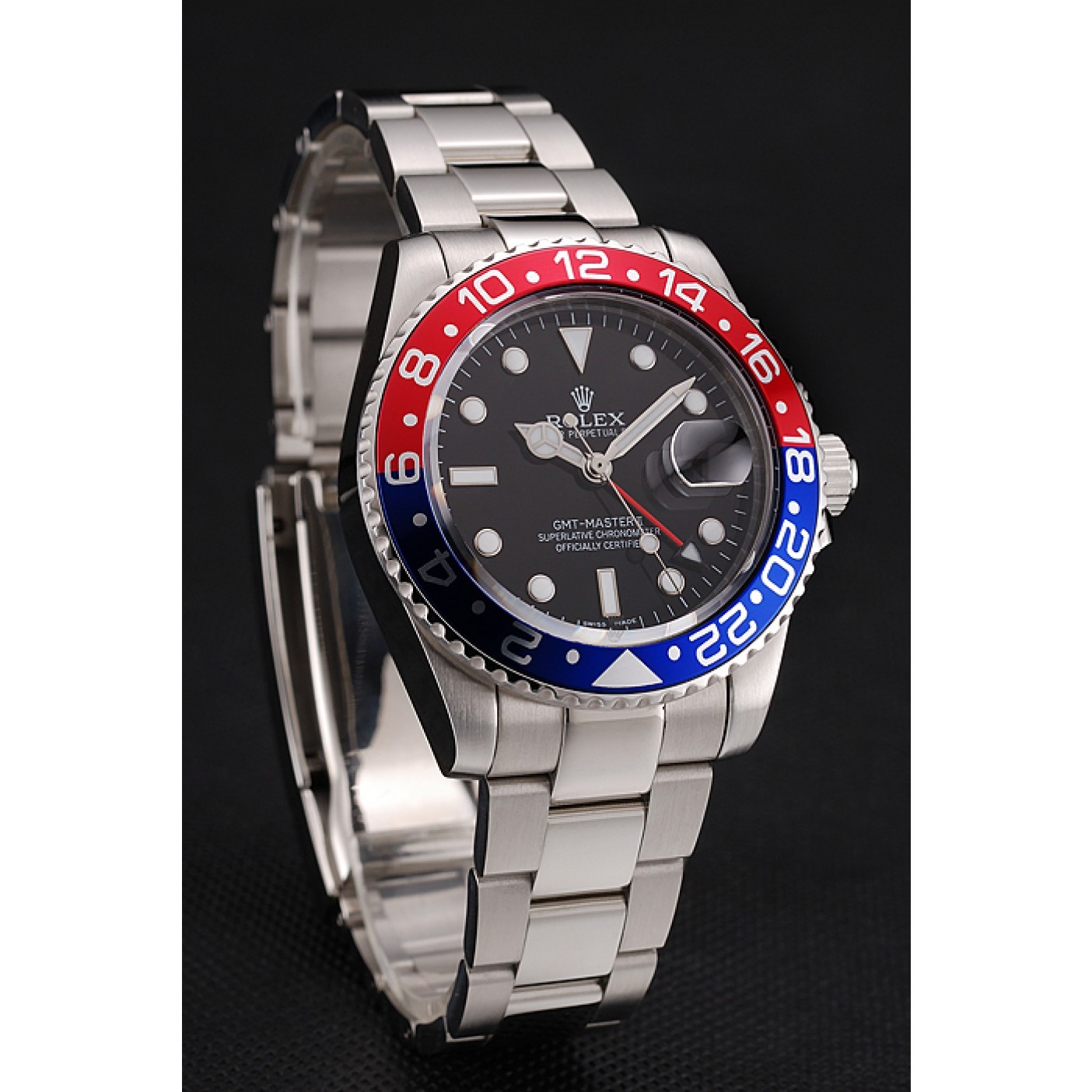 RepTime Watches Swiss Rolex GMT Master II Black Dial Pepsi Bezel Stainless Steel Case And Bracelet 1453751