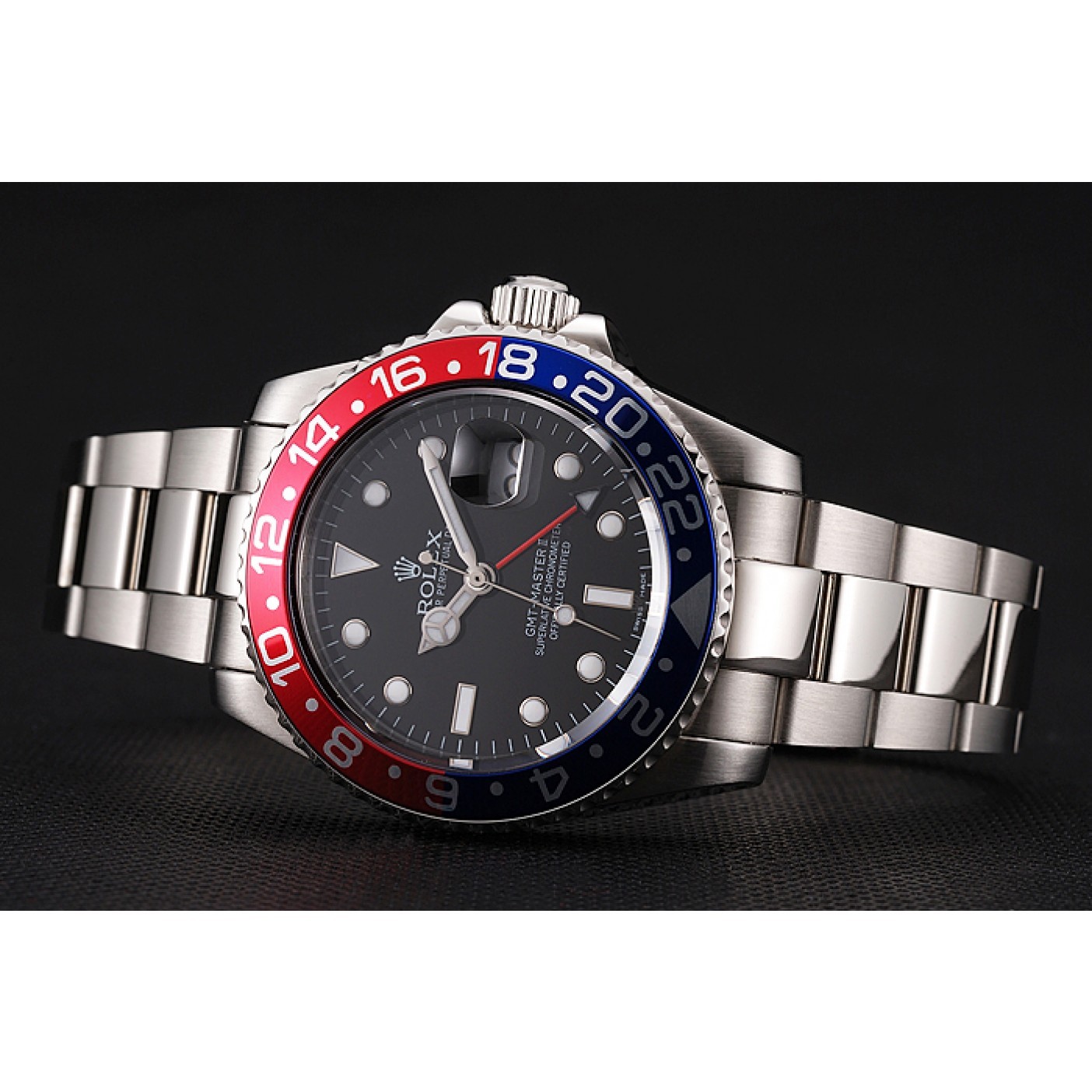 RepTime Watches Swiss Rolex GMT Master II Black Dial Pepsi Bezel Stainless Steel Case And Bracelet 1453751