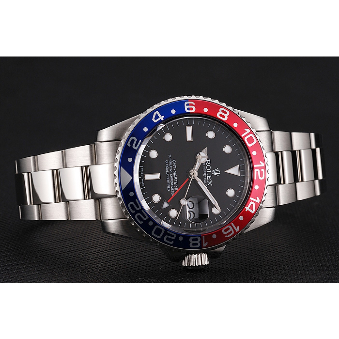 RepTime Watches Swiss Rolex GMT Master II Black Dial Pepsi Bezel Stainless Steel Case And Bracelet 1453751