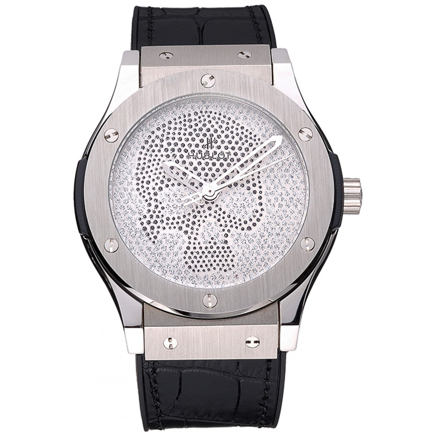 Hublot Classic Fusion Diamond Skull Dial Stainless Steel Case Black Leather Strap 622814