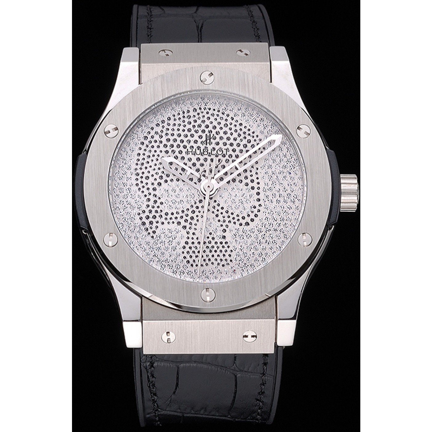 Hublot Classic Fusion Diamond Skull Dial Stainless Steel Case Black Leather Strap 622814