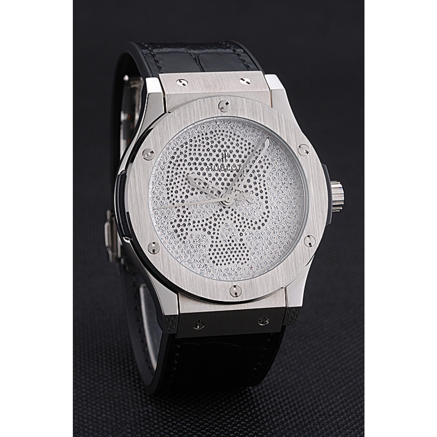 Hublot Classic Fusion Diamond Skull Dial Stainless Steel Case Black Leather Strap 622814