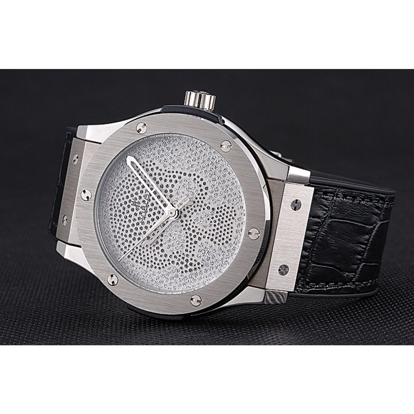 Hublot Classic Fusion Diamond Skull Dial Stainless Steel Case Black Leather Strap 622814