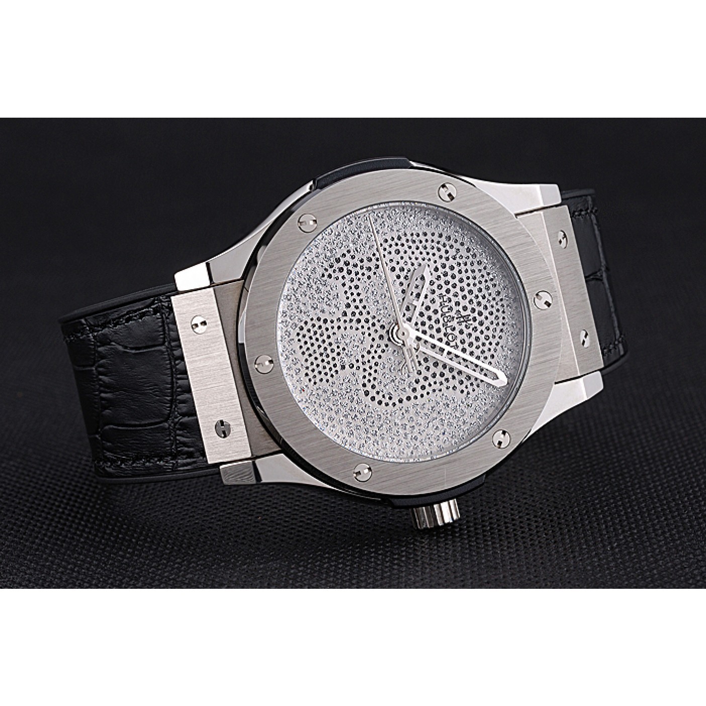 Hublot Classic Fusion Diamond Skull Dial Stainless Steel Case Black Leather Strap 622814