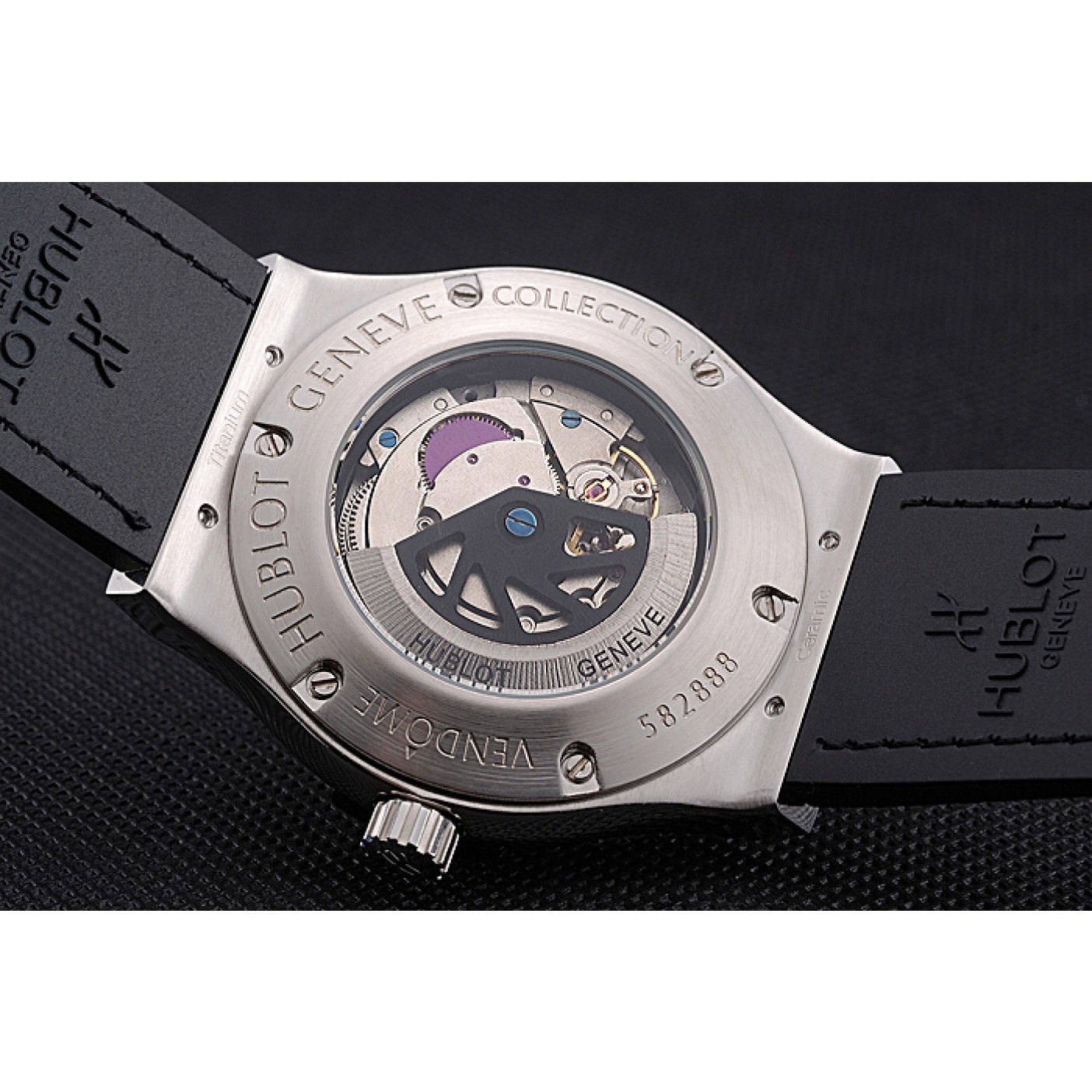 Hublot Classic Fusion Diamond Skull Dial Stainless Steel Case Black Leather Strap 622814