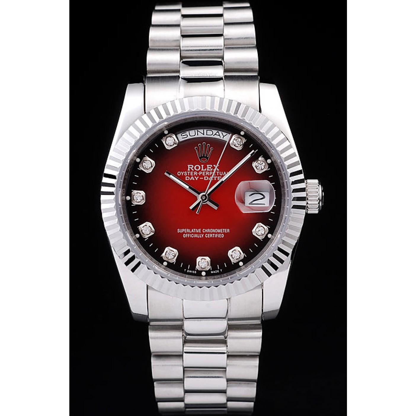 RepTime Watches Rolex Day-Date Polished Stainless Steel Two Tone Red Dial