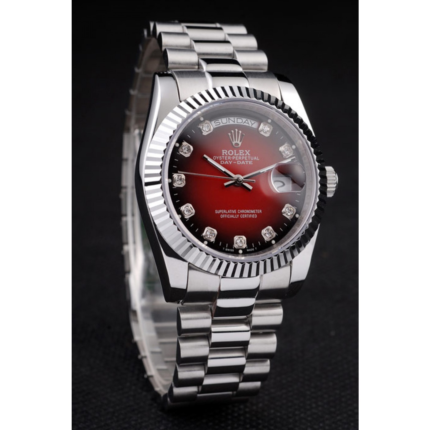 Rolex Day-Date Polished Stainless Steel Two Tone Red Dial