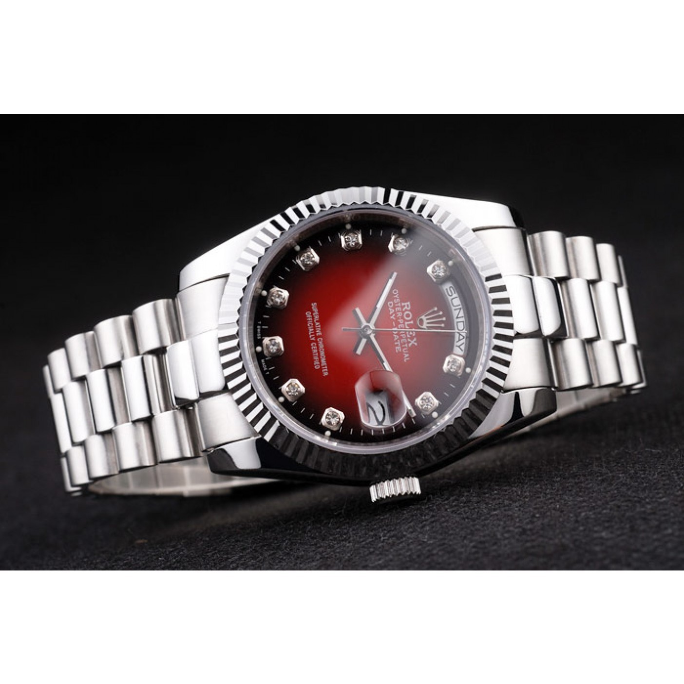 Rolex Day-Date Polished Stainless Steel Two Tone Red Dial