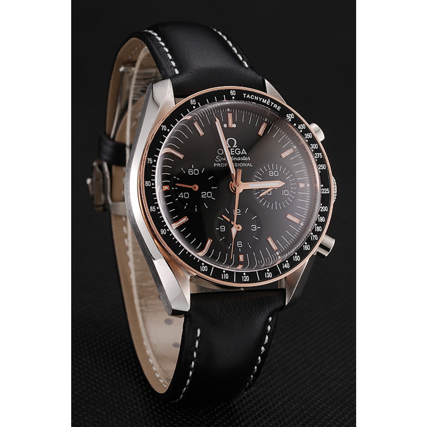 Swiss Omega Speedmaster Professional Black Dial Gold Accents Black Leather Bracelet 1453937