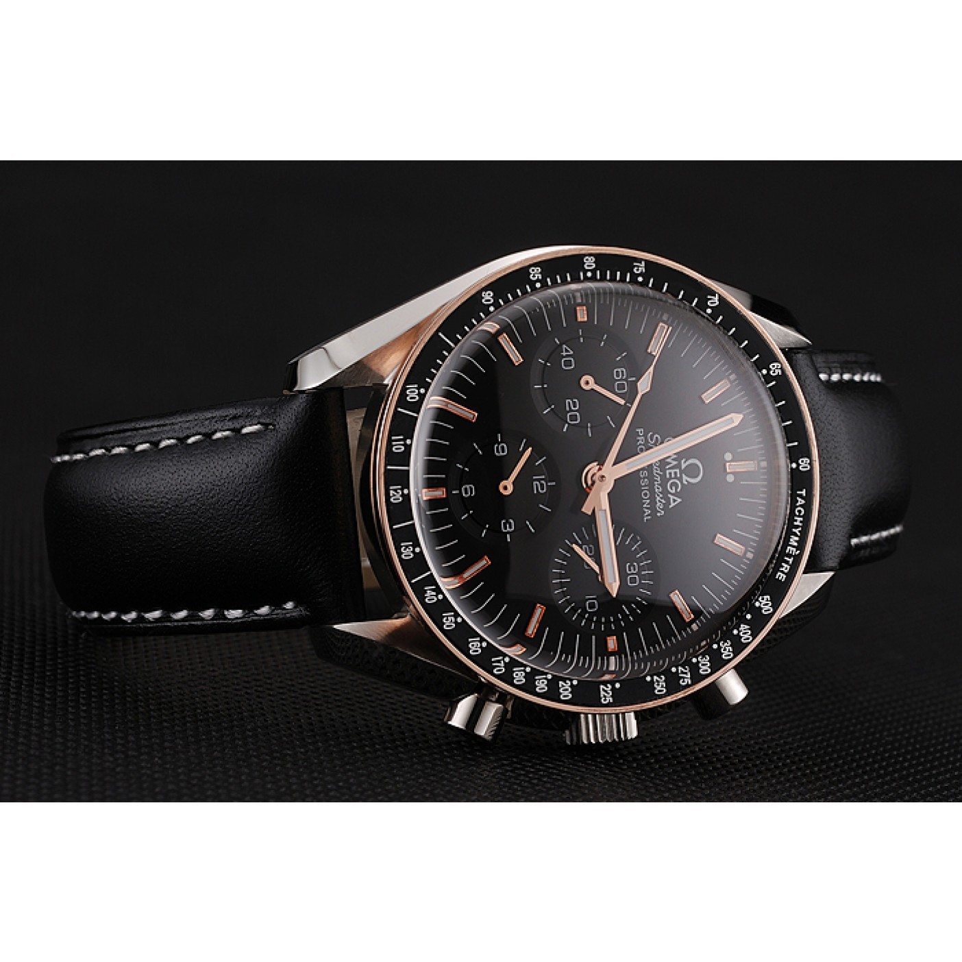 Swiss Omega Speedmaster Professional Black Dial Gold Accents Black Leather Bracelet 1453937