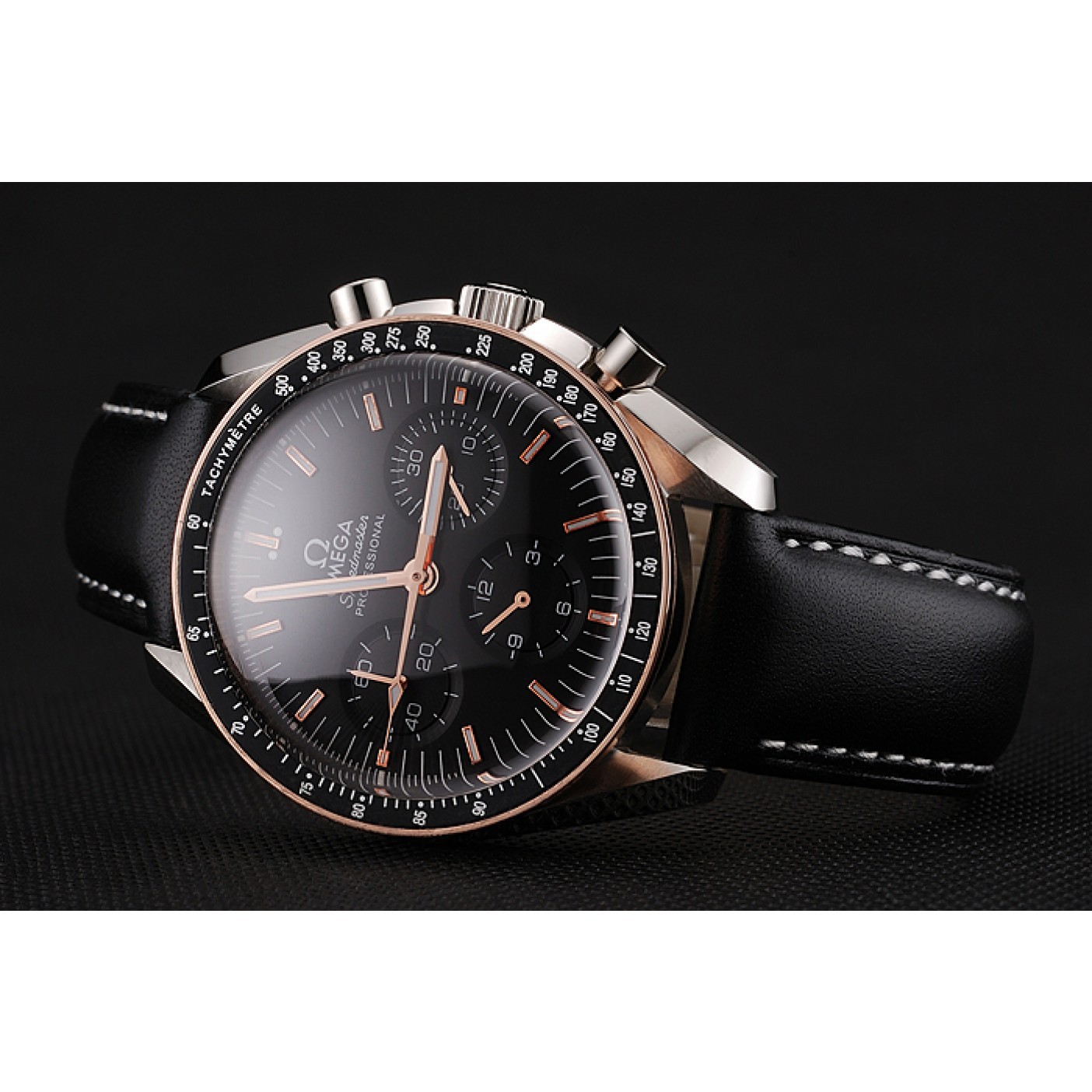 Swiss Omega Speedmaster Professional Black Dial Gold Accents Black Leather Bracelet 1453937